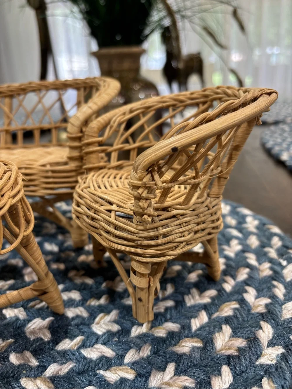 Vintage 70's  80's Natural Wicker Doll House Chair and Table Set
